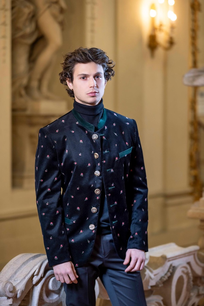 Jacke aus bedrucktem Samt in schwarz-tanne