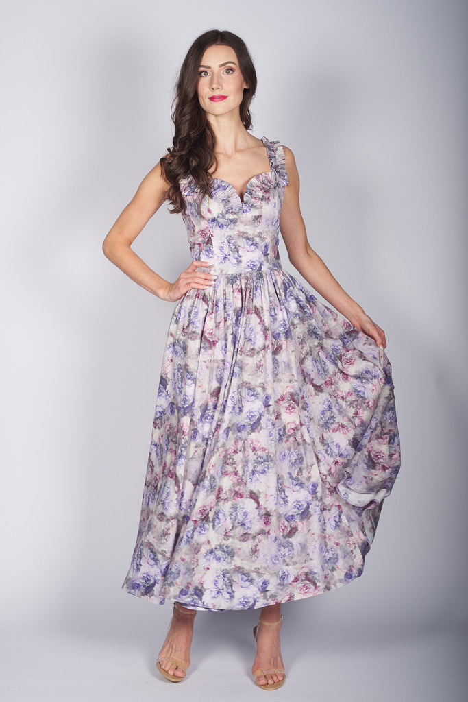 Bedrucktes Baumwollkleid mit Rüsche flieder 2