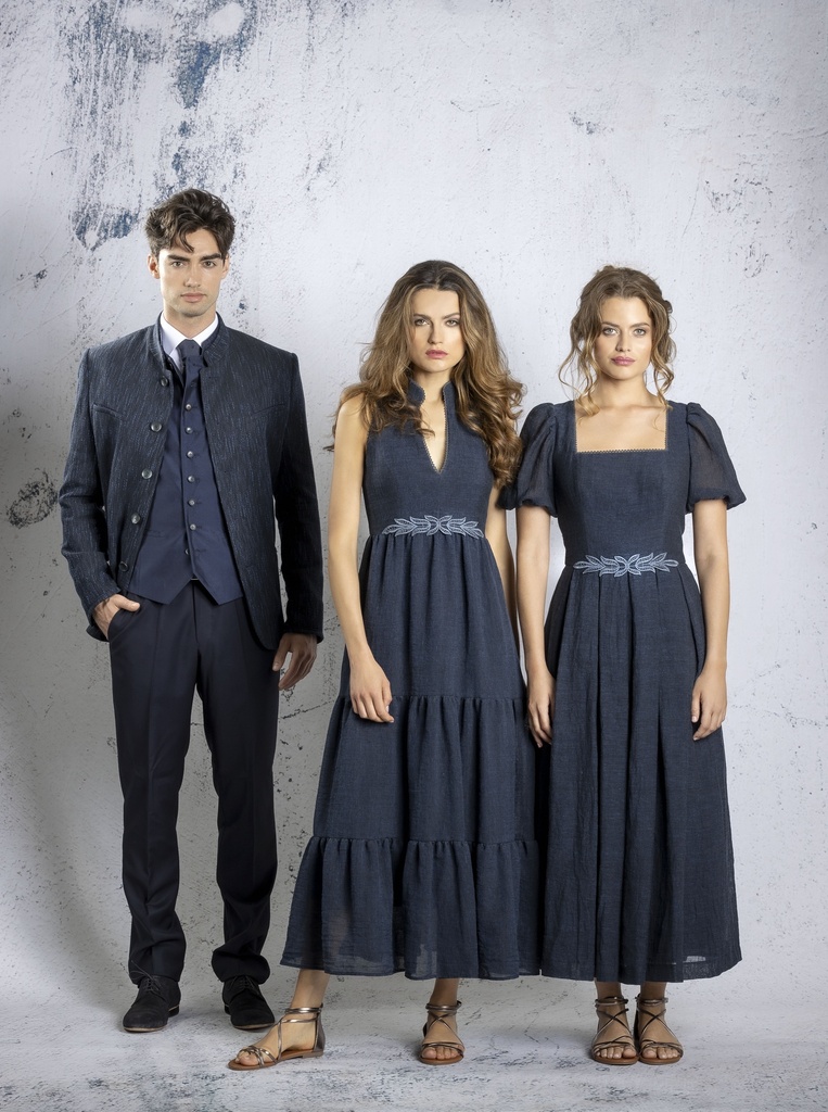 Leinenkleid mit Puff-Ärmeln nachtblau
