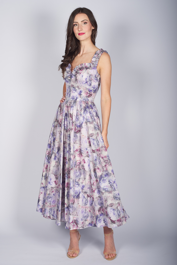 Bedrucktes Baumwollkleid mit Rüsche flieder 3