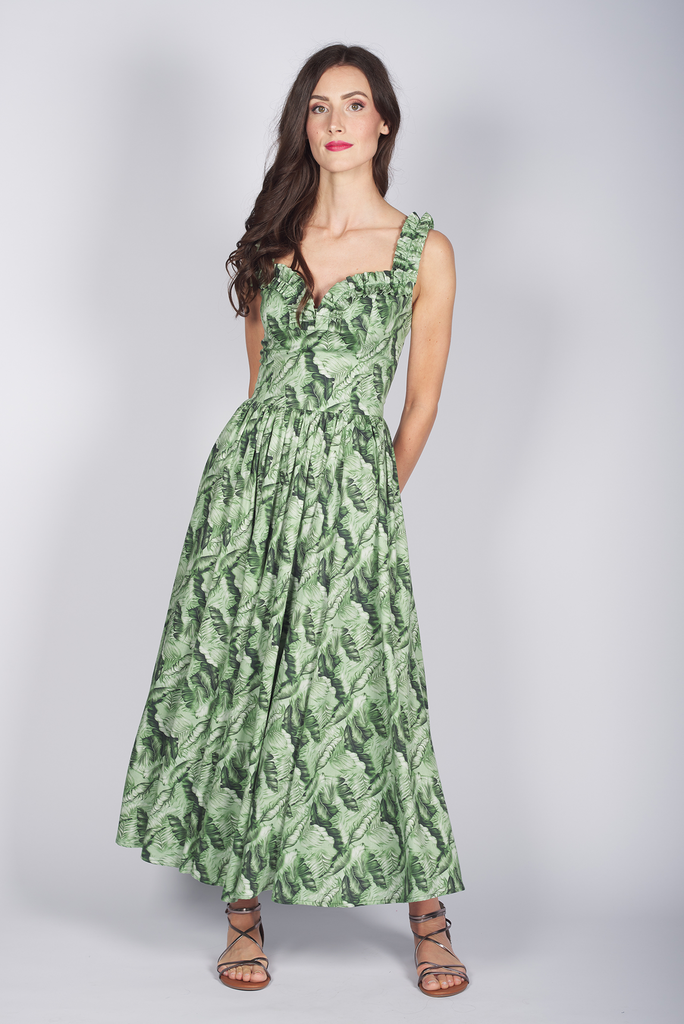Bedrucktes Baumwollkleid mit Rüsche tanne 2